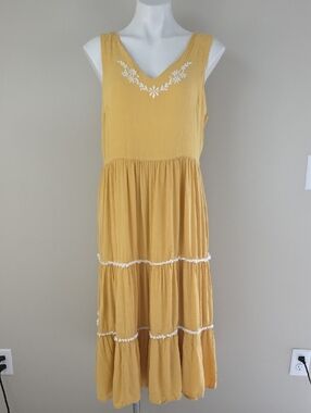 JOIE Yellow Layered/ Tiered Sleeveless Embroidered Midi Boho Dress Size 10